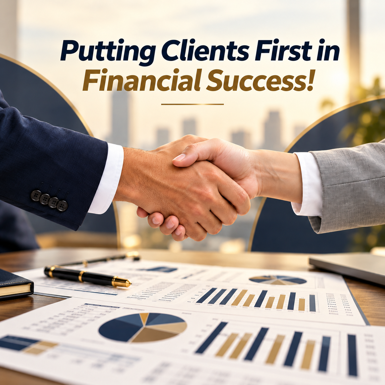 Putting clients first in financial success — a handshake representing partnership